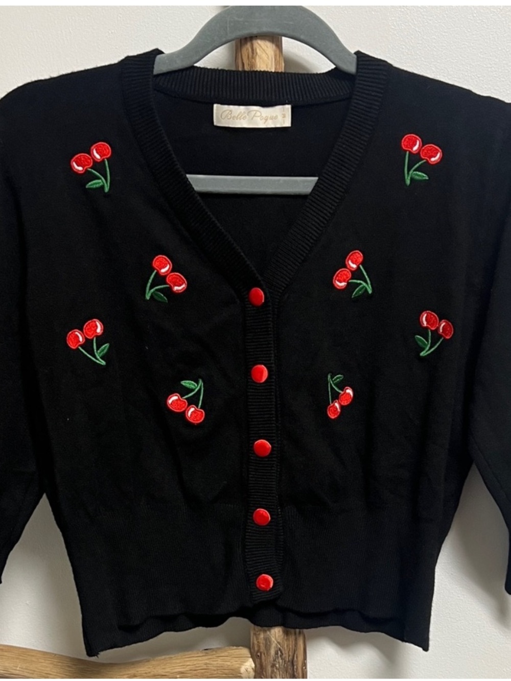 Black Red Cardigan Cherry Embroidered Cropped 3/4 Sleeve Cardigan Coquette Med